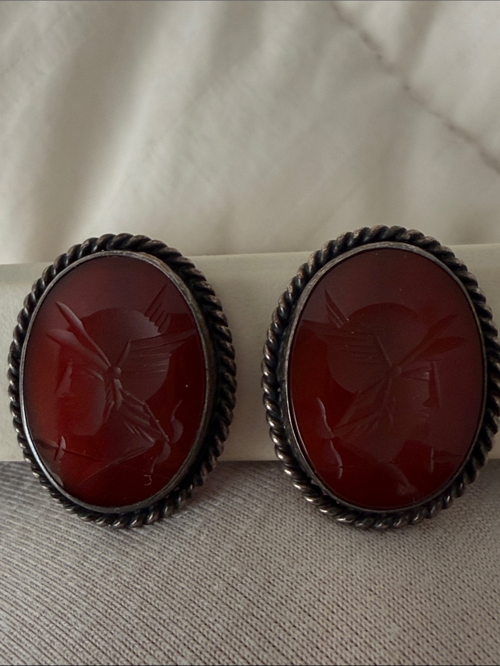 Vintage Sterling Silver Intaglio Red Glass Earrings - Midcentury